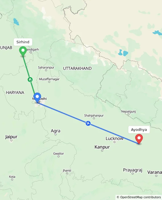 Route map showing distance and travel time from Sirhind, India to Ayodhya, India