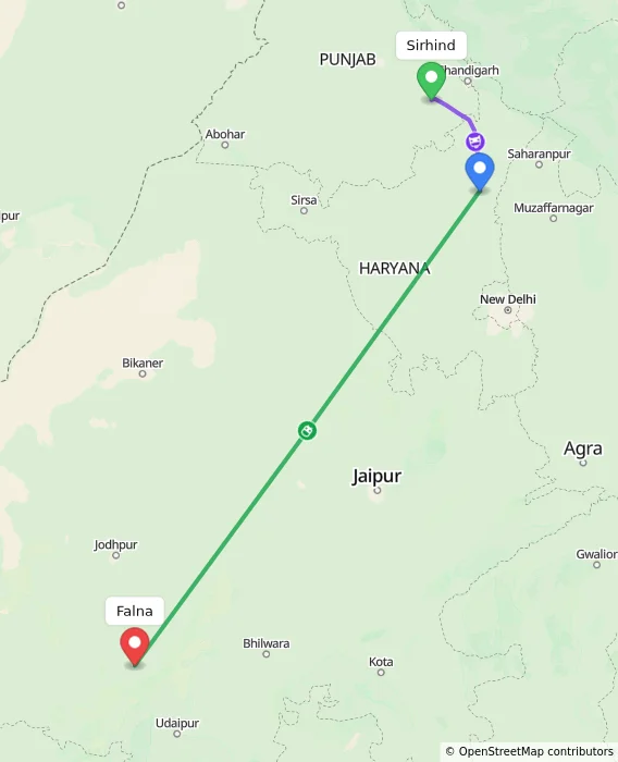 Route map showing distance and travel time from Sirhind, India to Falna, India