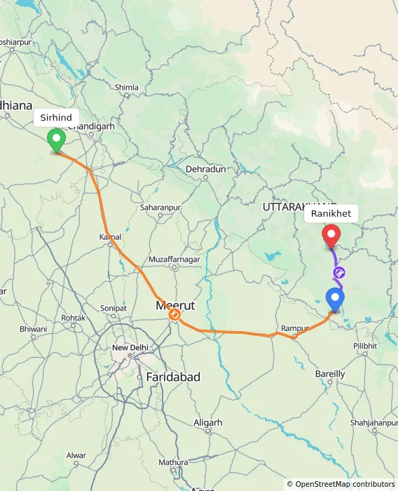 Route map showing distance and travel time from Sirhind, India to Ranikhet, India