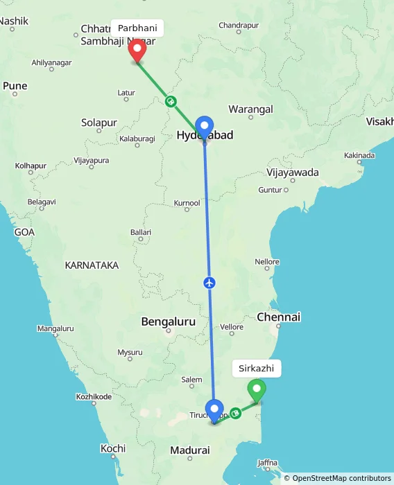 Route map showing distance and travel time from Sirkazhi, India to Parbhani, India