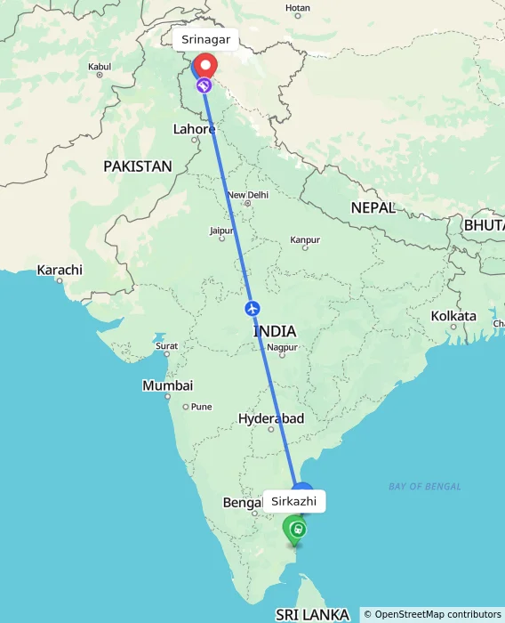 Route map showing distance and travel time from Sirkazhi, India to Srinagar, India