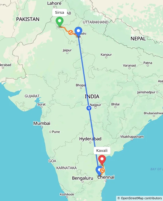 Route map showing distance and travel time from Sirsa, India to Kavali, India