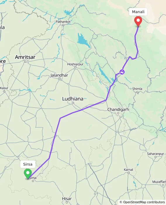 Route map showing distance and travel time from Sirsa, India to Manali, India