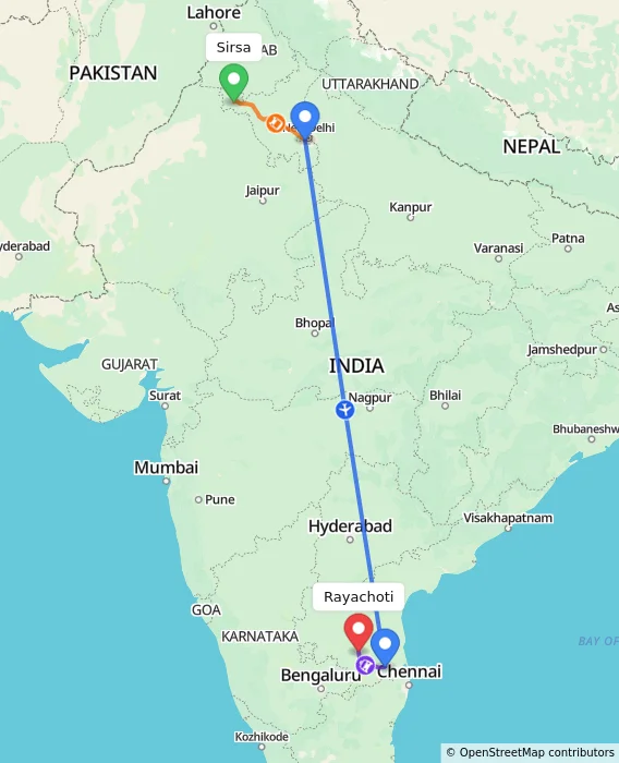 Route map showing distance and travel time from Sirsa, India to Rayachoti, India