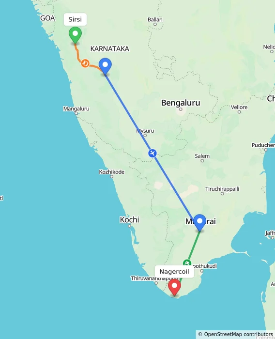 Route map showing distance and travel time from Sirsi, India to Nagercoil, India