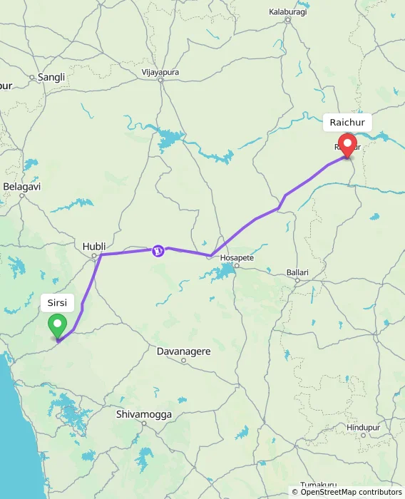Route map showing distance and travel time from Sirsi, India to Raichur, India