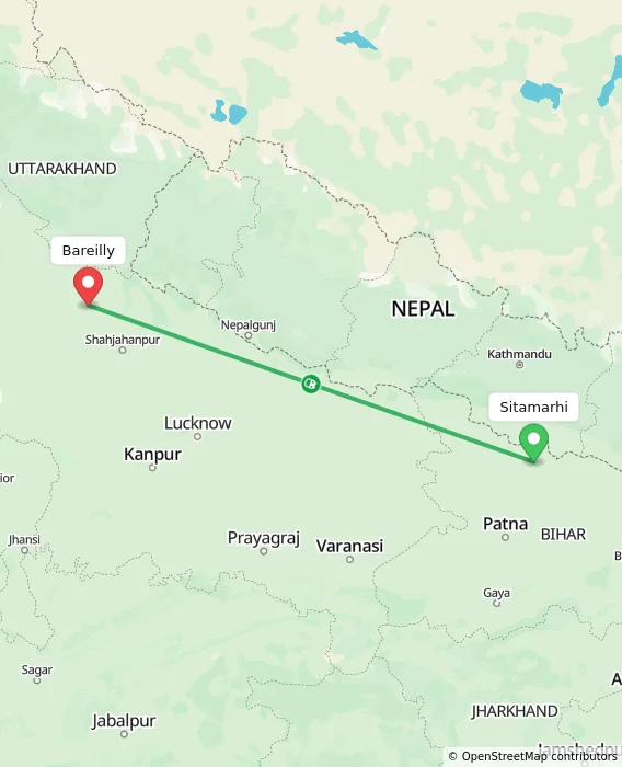Route map showing distance and travel time from Sitamarhi, India to Bareilly, India