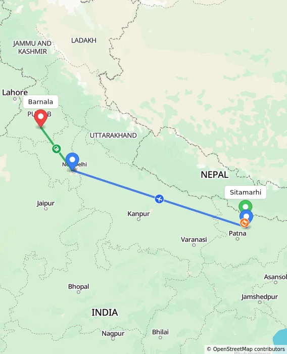 Route map showing distance and travel time from Sitamarhi, India to Barnala, India