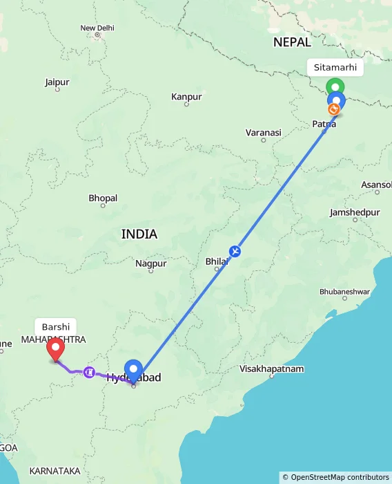 Route map showing distance and travel time from Sitamarhi, India to Barshi, India