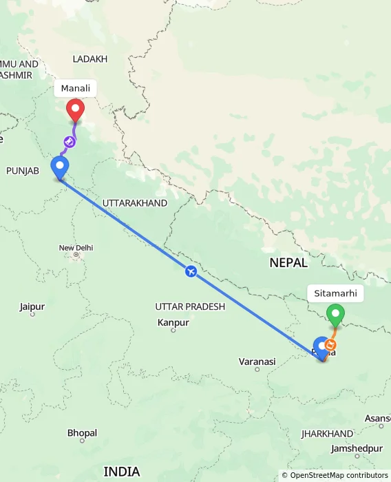Route map showing distance and travel time from Sitamarhi, India to Manali, India