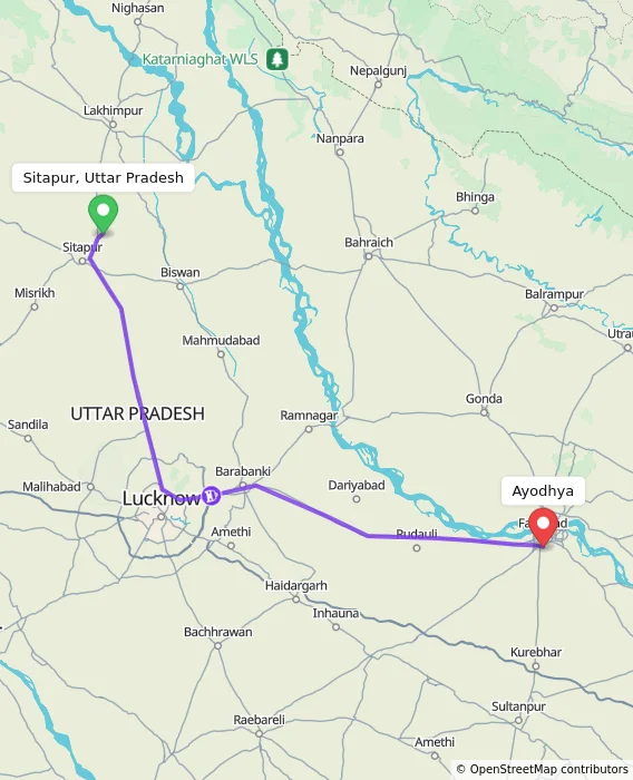 Route map showing distance and travel time from Sitapur, Uttar Pradesh, India to Ayodhya, India