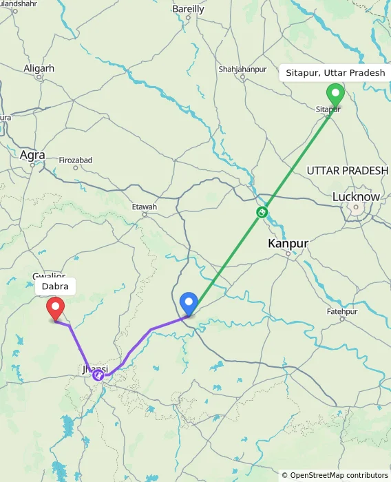 Route map showing distance and travel time from Sitapur, Uttar Pradesh, India to Dabra, India