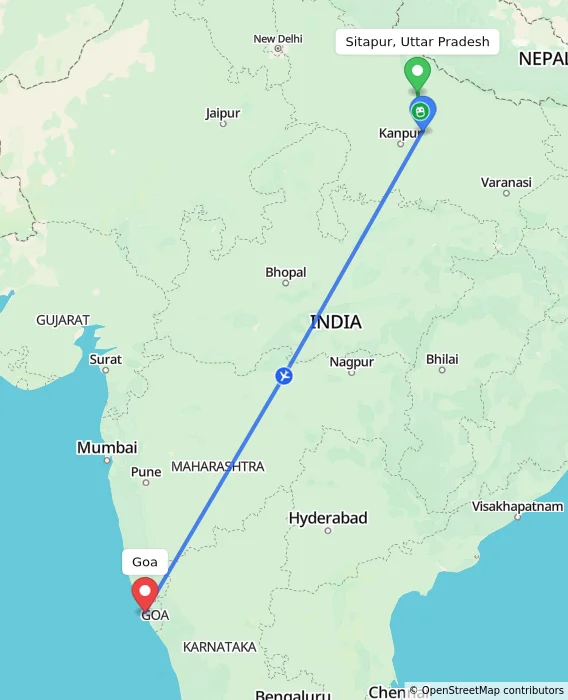 Route map showing distance and travel time from Sitapur, Uttar Pradesh, India to Goa, India