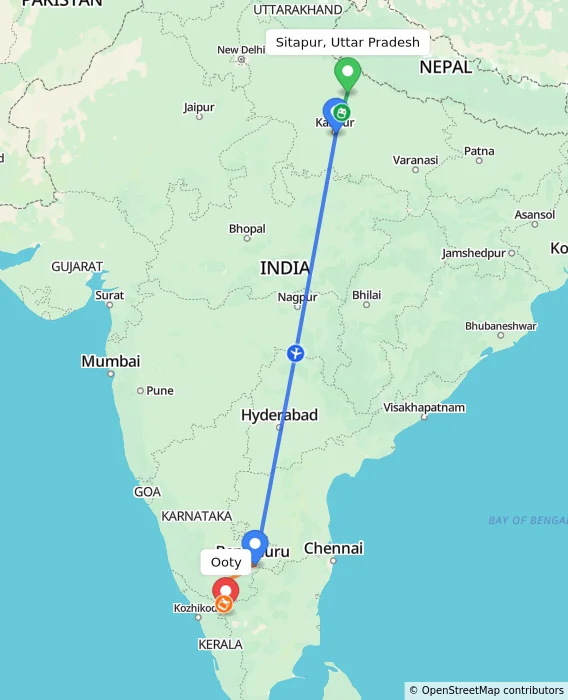 Route map showing distance and travel time from Sitapur, Uttar Pradesh, India to Ooty, India