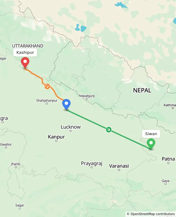 Route map showing distance and travel time from Siwan, India to Kashipur, India
