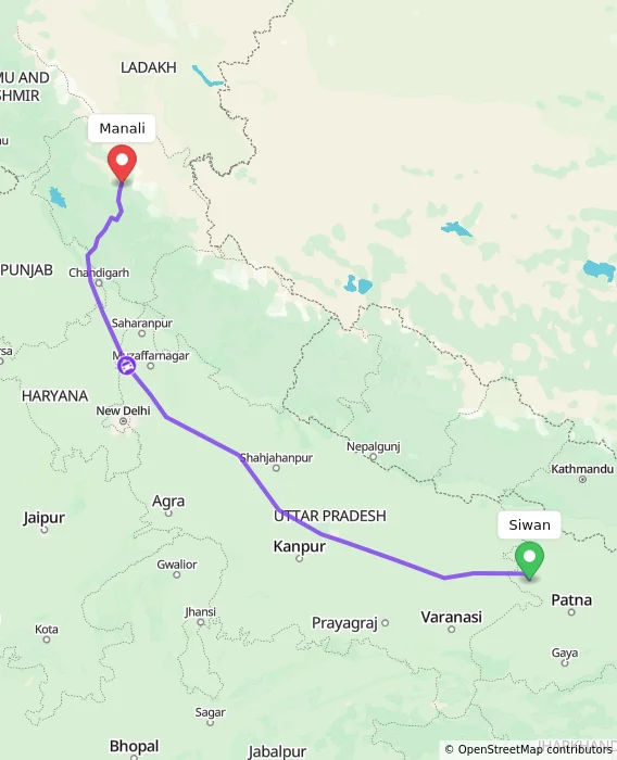 Route map showing distance and travel time from Siwan, India to Manali, India