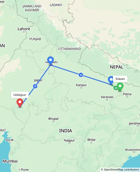 Route map showing distance and travel time from Siwan, India to Udaipur, India