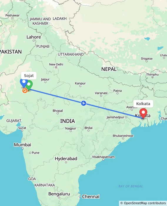 Route map showing distance and travel time from Sojat, India to Kolkata, India