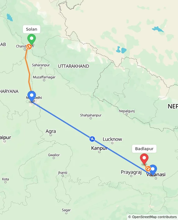 Route map showing distance and travel time from Solan, India to Badlapur, India