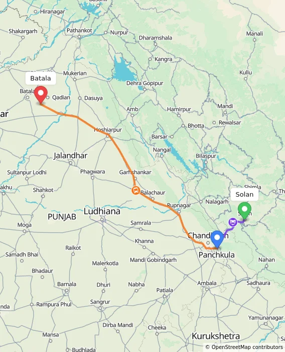 Route map showing distance and travel time from Solan, India to Batala, India