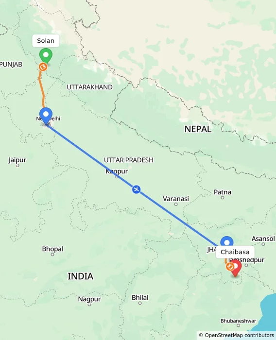 Route map showing distance and travel time from Solan, India to Chaibasa, India