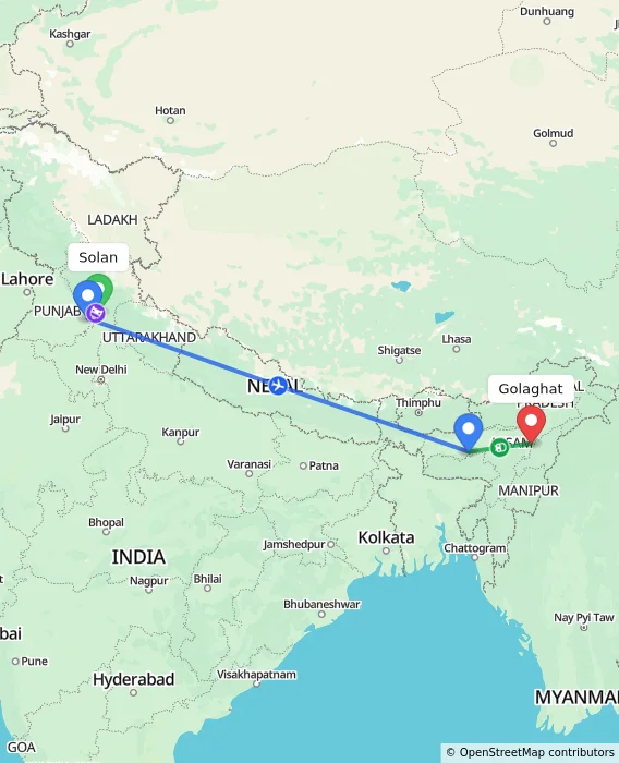 Route map showing distance and travel time from Solan, India to Golaghat, India