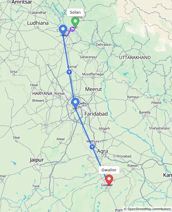 Route map showing distance and travel time from Solan, India to Gwalior, India