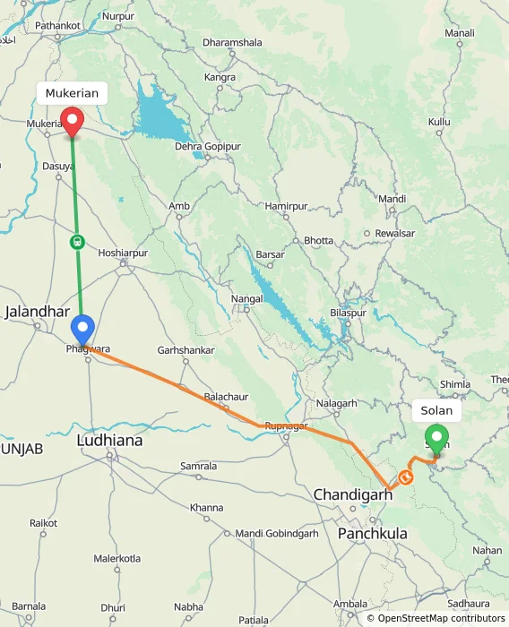 Route map showing distance and travel time from Solan, India to Mukerian, India
