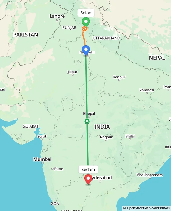 Route map showing distance and travel time from Solan, India to Sedam, India