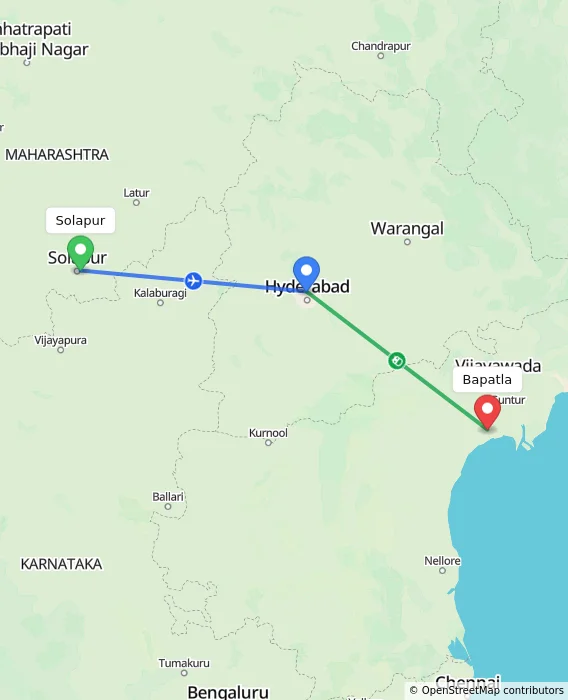 Route map showing distance and travel time from Solapur, India to Bapatla, India