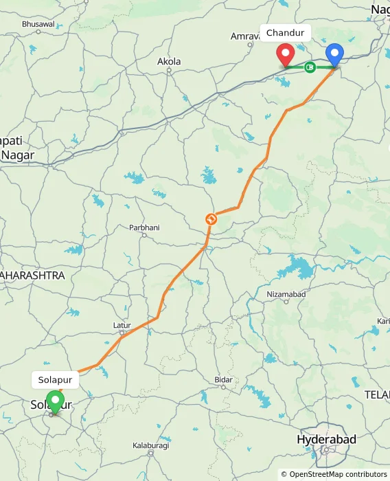 Route map showing distance and travel time from Solapur, India to Chandur, India