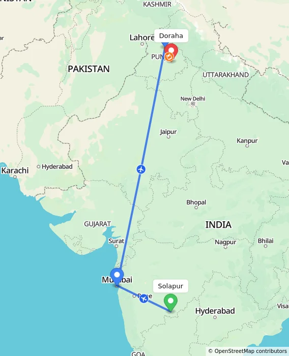 Route map showing distance and travel time from Solapur, India to Doraha, India