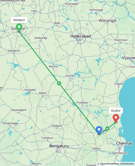 Route map showing distance and travel time from Solapur, India to Gudur, India