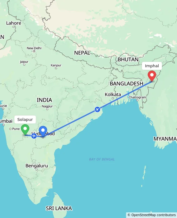 Route map showing distance and travel time from Solapur, India to Imphal, India