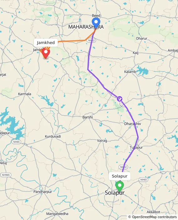 Route map showing distance and travel time from Solapur, India to Jamkhed, India