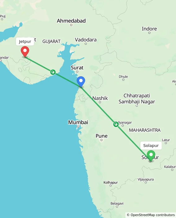 Route map showing distance and travel time from Solapur, India to Jetpur, India