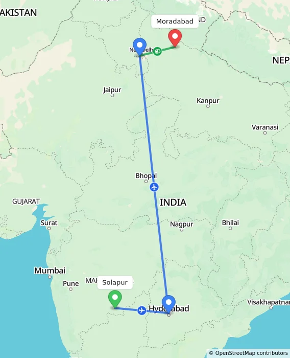 Route map showing distance and travel time from Solapur, India to Moradabad, India