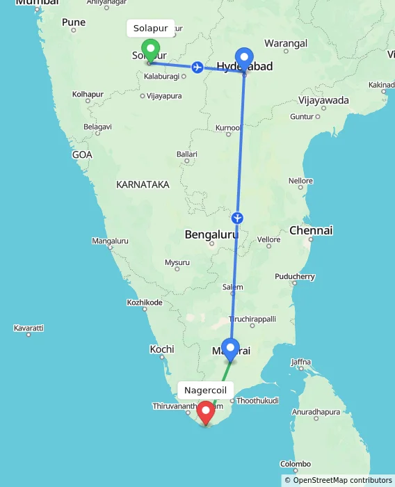 Route map showing distance and travel time from Solapur, India to Nagercoil, India