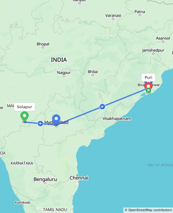 Route map showing distance and travel time from Solapur, India to Puri, India