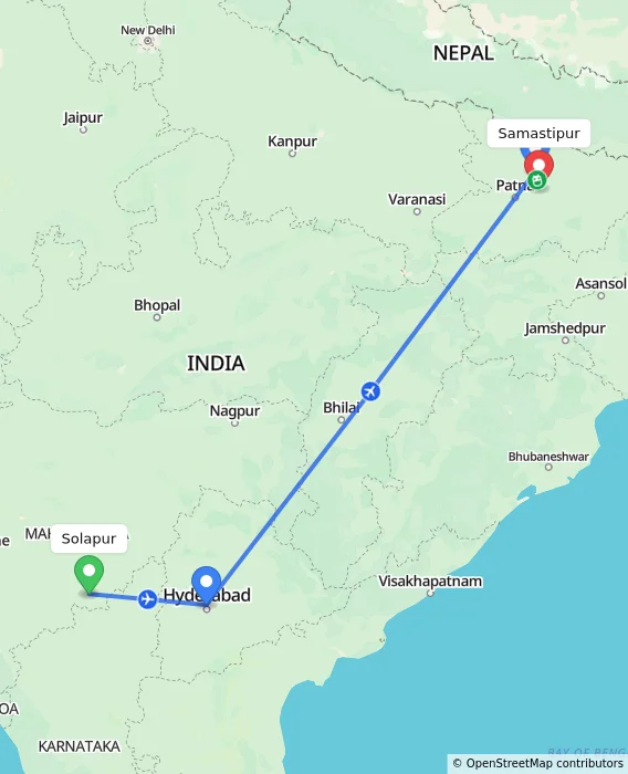 Route map showing distance and travel time from Solapur, India to Samastipur, India