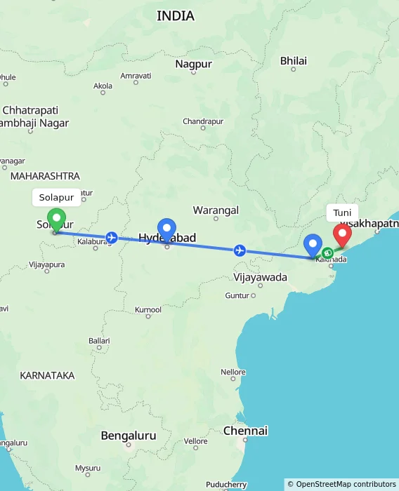 Route map showing distance and travel time from Solapur, India to Tuni, India