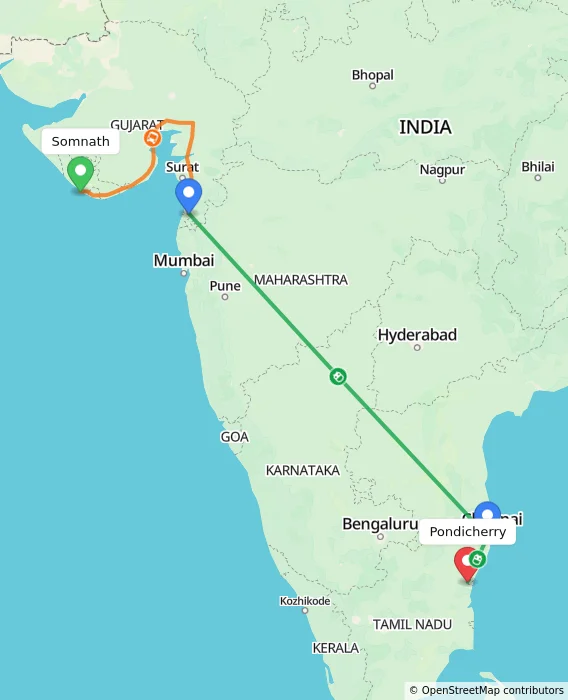 Route map showing distance and travel time from Somnath, India to Puducherry, India