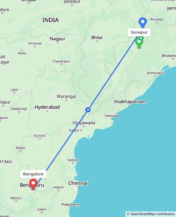 Route map showing distance and travel time from Sonepur, India to Bangalore, India