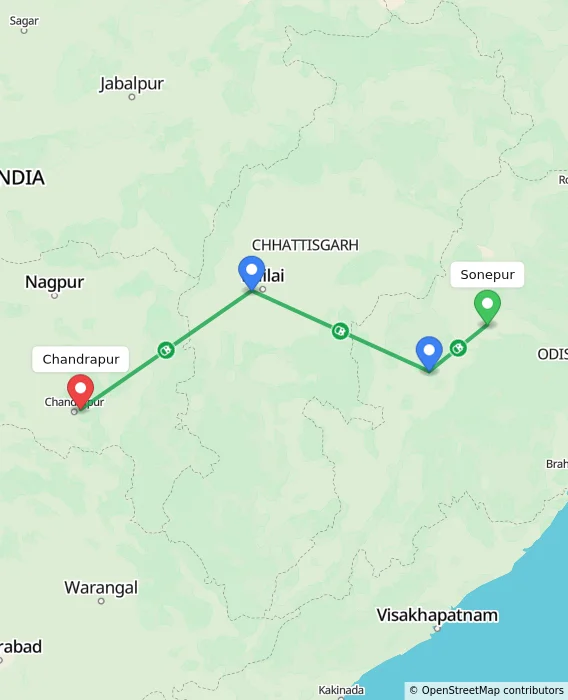 Route map showing distance and travel time from Sonepur, India to Chandrapur, India