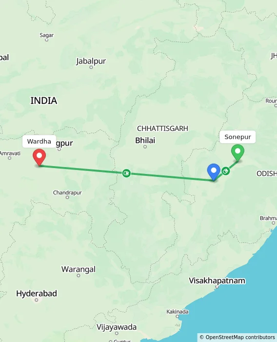 Route map showing distance and travel time from Sonepur, India to Wardha, India