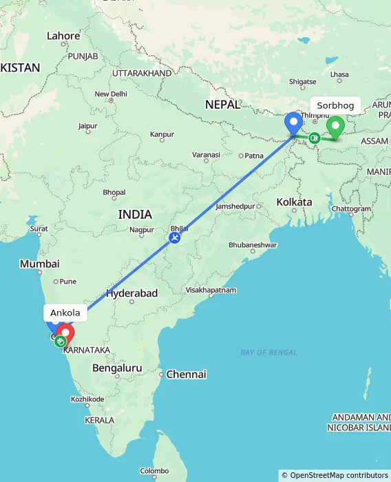 Route map showing distance and travel time from Sorbhog, India to Ankola, India