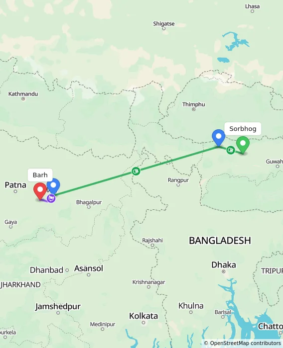 Route map showing distance and travel time from Sorbhog, India to Barh, India