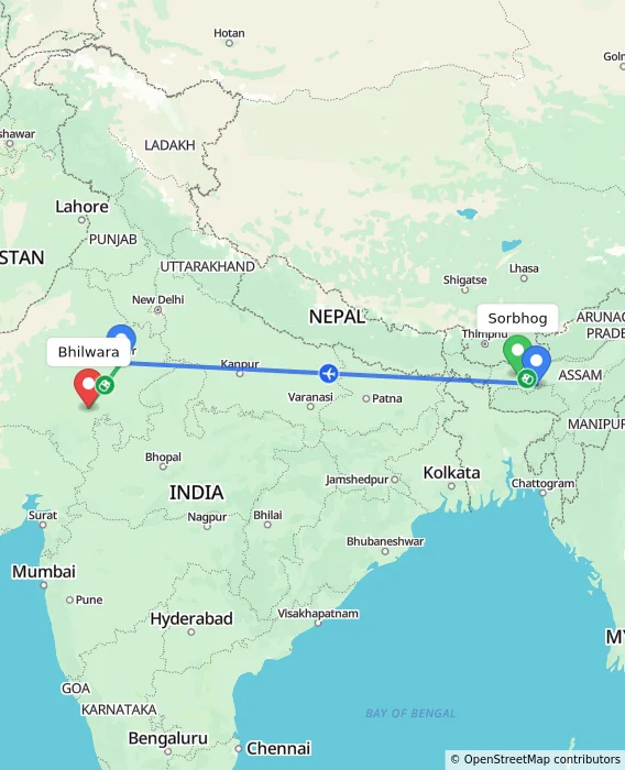 Route map showing distance and travel time from Sorbhog, India to Bhilwara, India