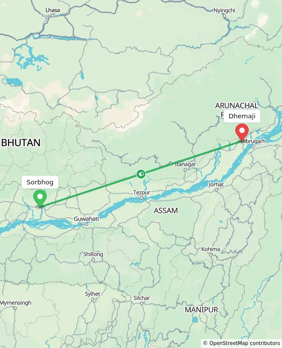 Route map showing distance and travel time from Sorbhog, India to Dhemaji, India
