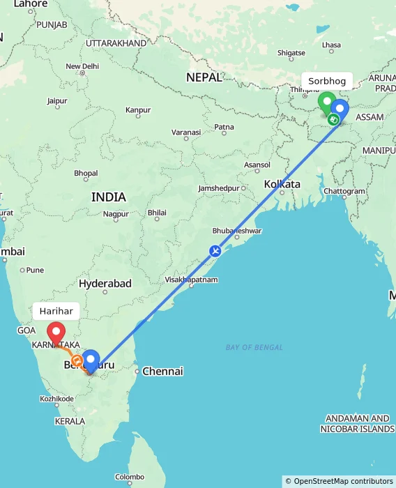 Route map showing distance and travel time from Sorbhog, India to Harihar, India